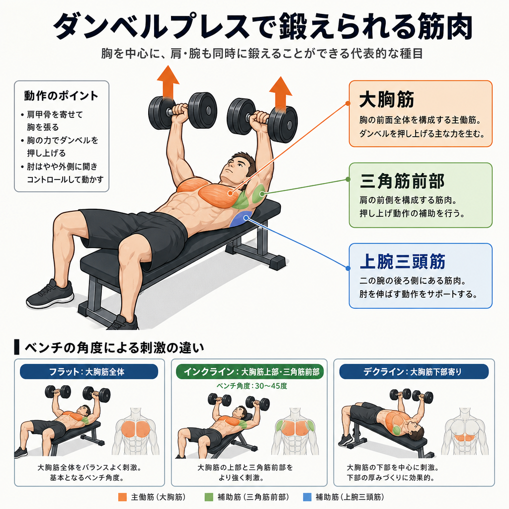 ダンベルプレスで鍛えられる筋肉