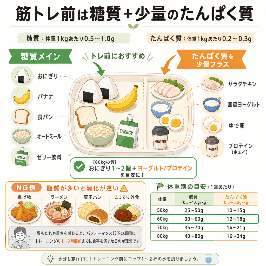 筋トレ前の食事は「糖質+少量のたんぱく質」が基本