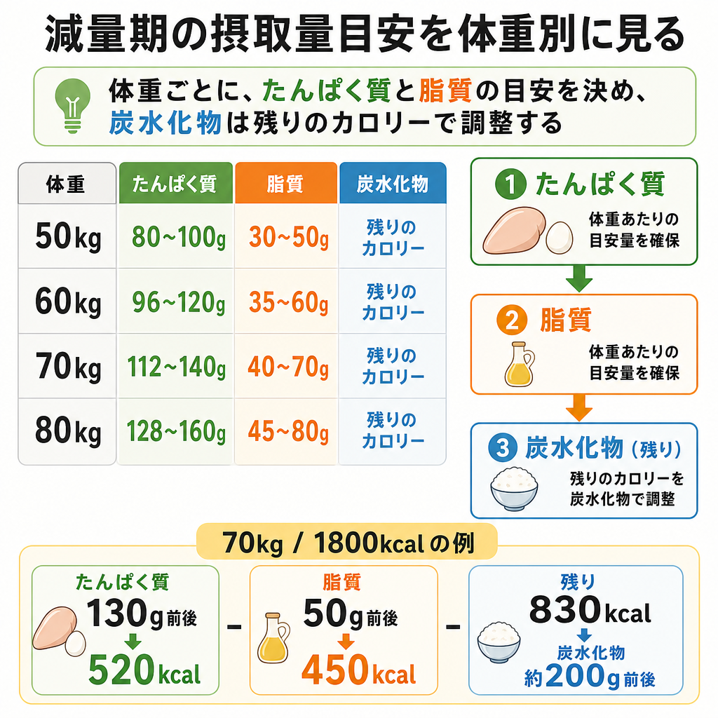 減量期の摂取量目安を体重別に見る
