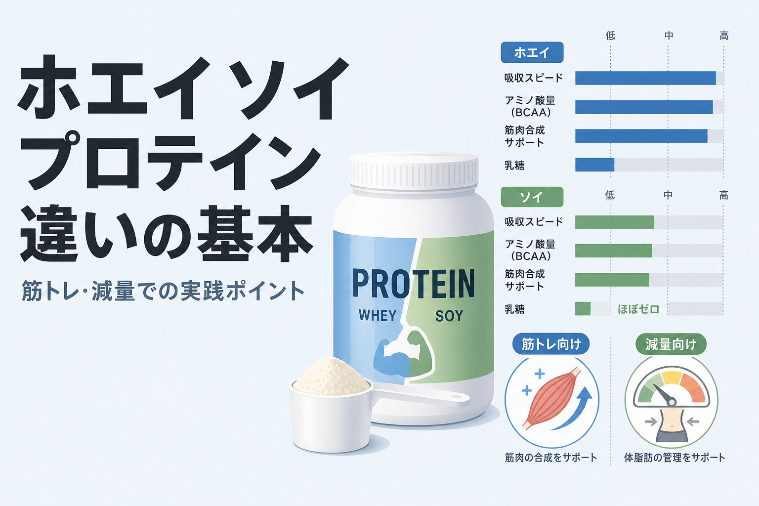 ホエイ ソイ プロテイン 違いの基本｜筋トレ・減量での実践ポイント