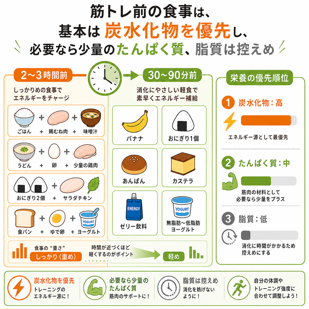 筋トレ前に食べるべきものは?基本は炭水化物+必要なら少量のたんぱく質
