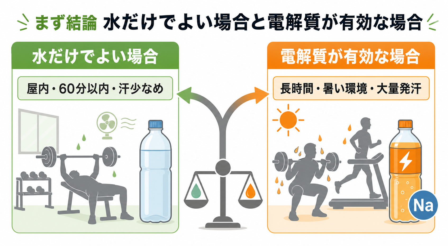 まず結論。水だけでよい場合と電解質が有効な場合