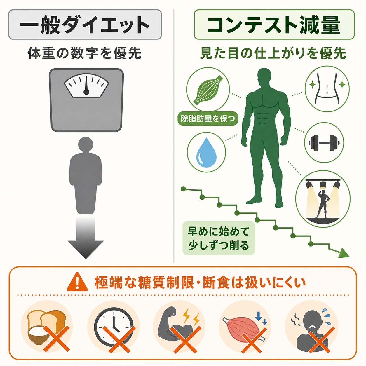 コンテスト減量の食事は、一般ダイエットと何が違うのか