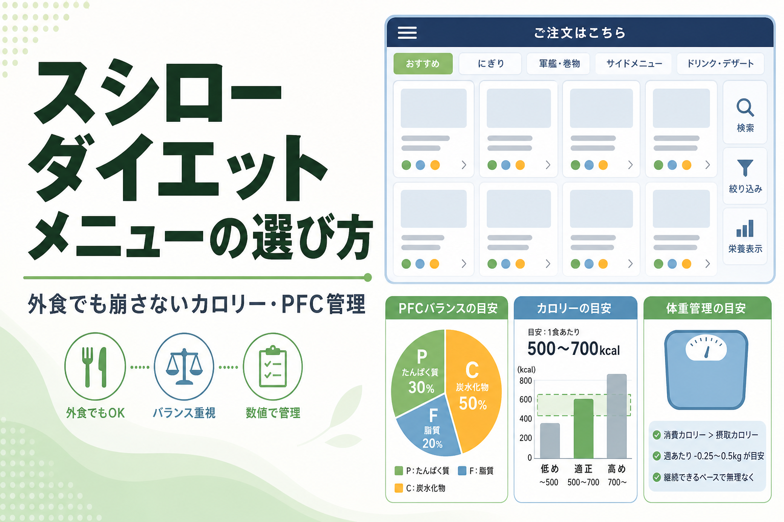 スシロー ダイエット メニューの選び方|外食でも崩さないカロリー・PFC管理
