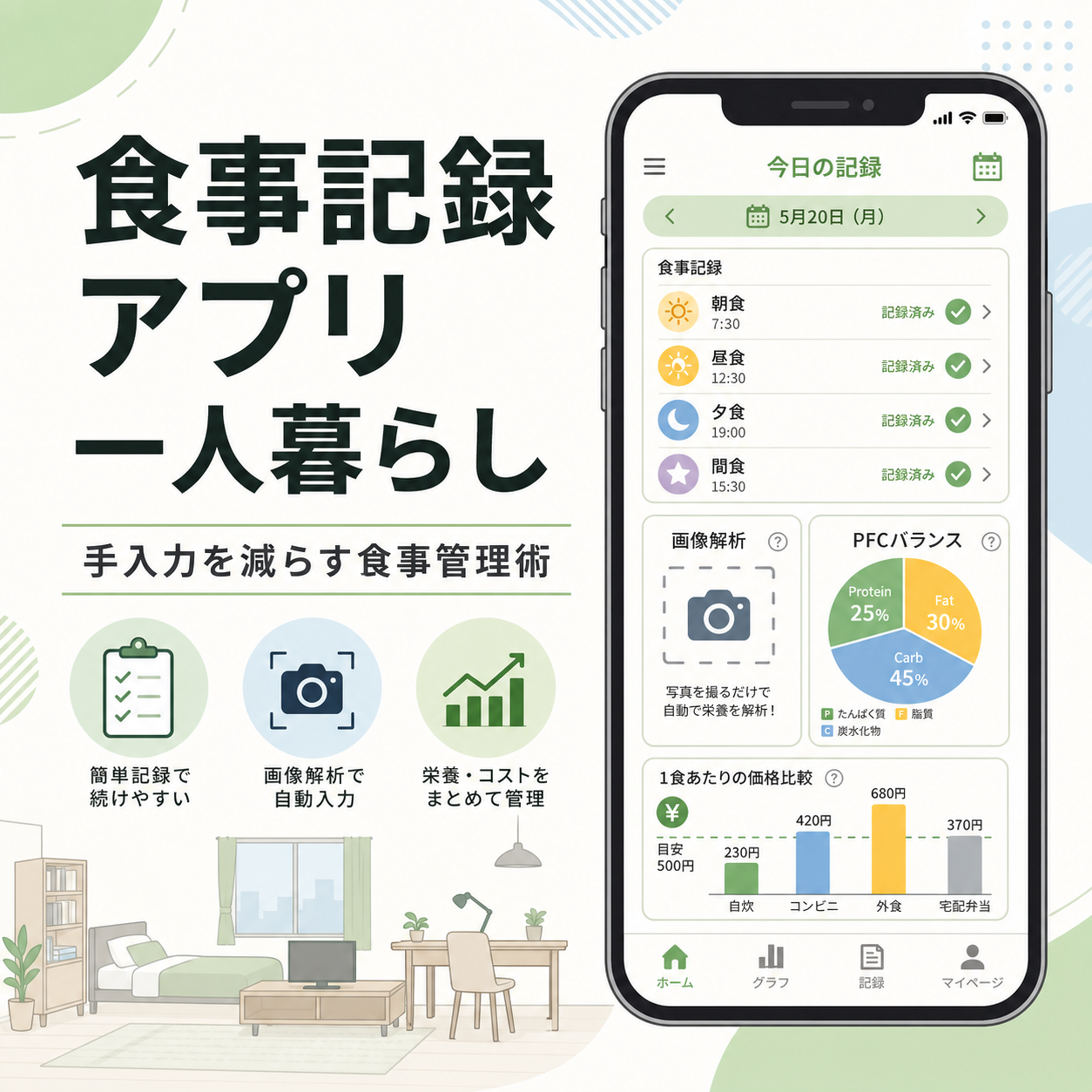 食事記録 アプリ 一人暮らし|手入力を減らす食事管理術