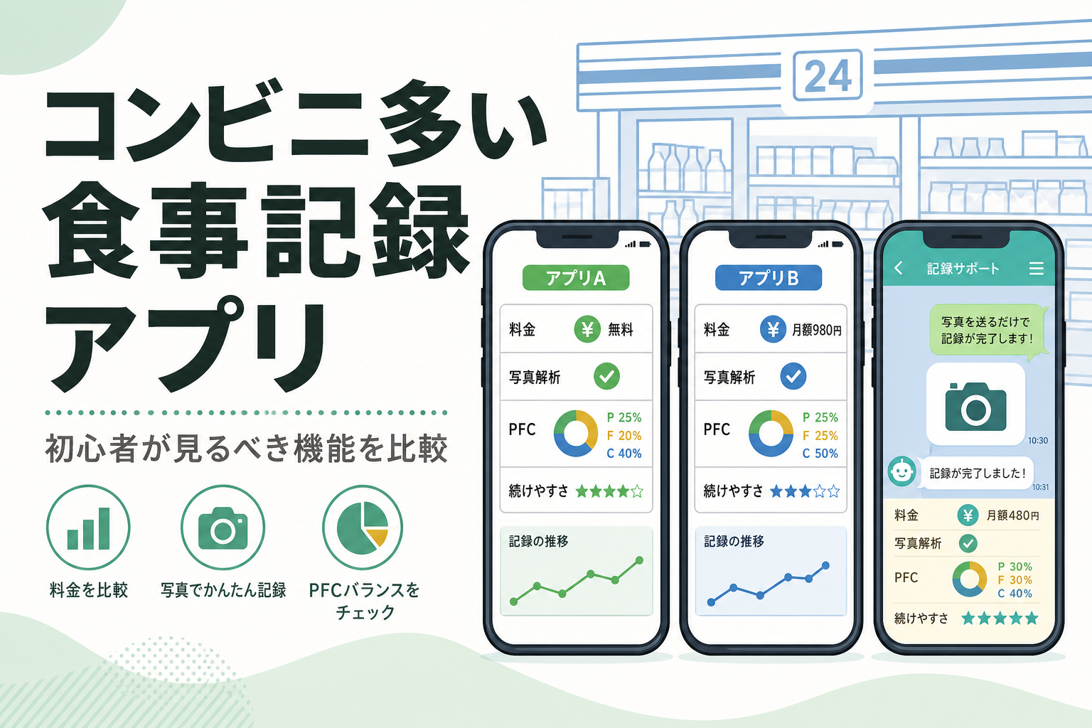 コンビニ多い 食事記録 アプリ|初心者が見るべき機能を比較