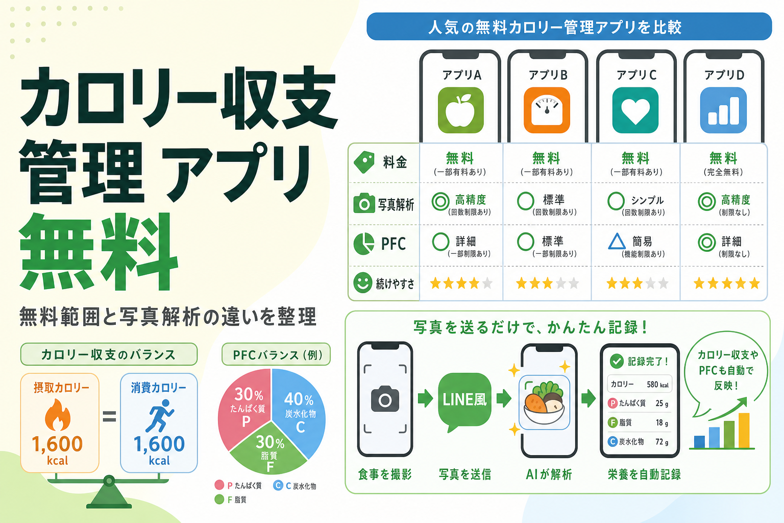 カロリー収支 管理 アプリ 無料|無料範囲と写真解析の違いを整理