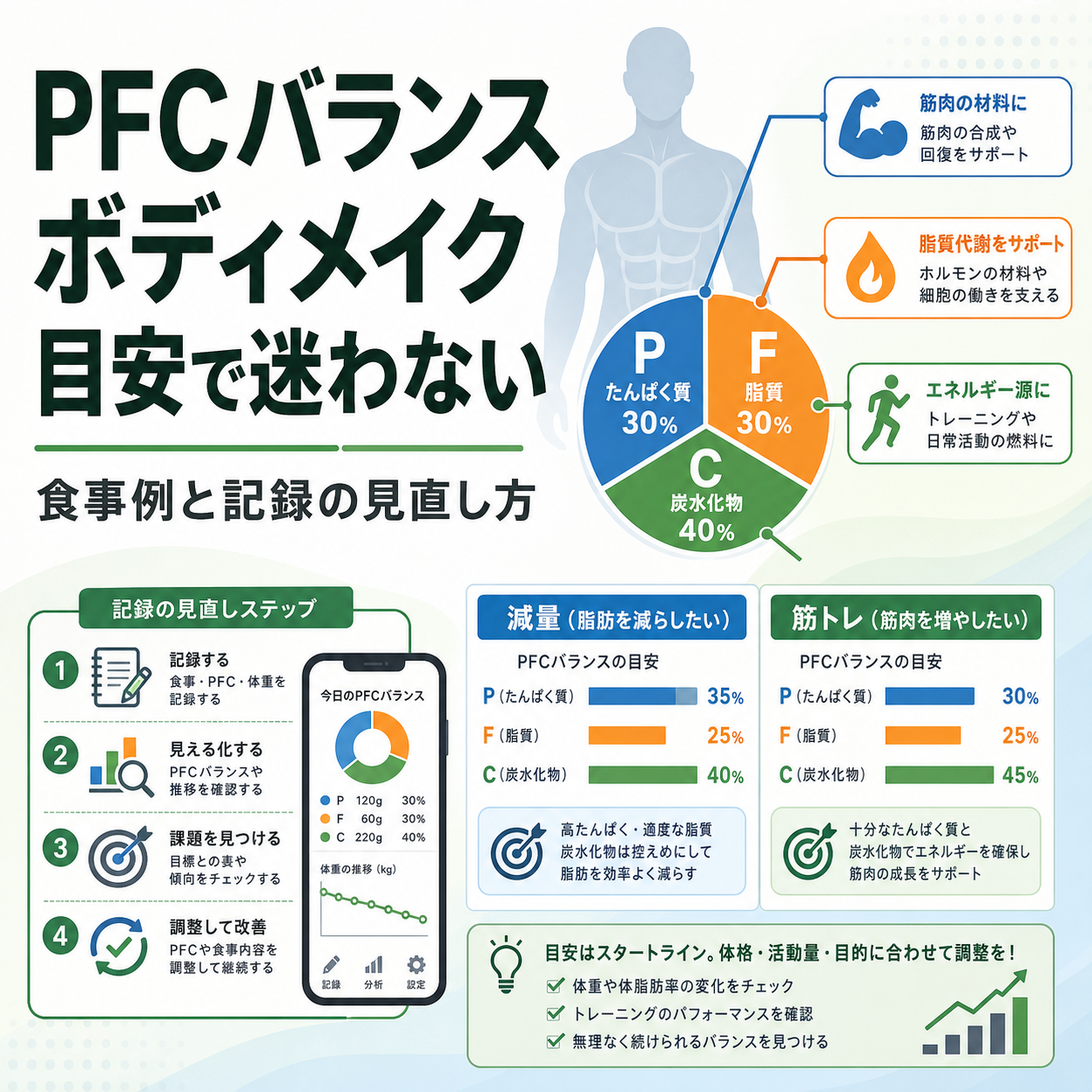 PFCバランス ボディメイク 目安で迷わない|食事例と記録の見直し方
