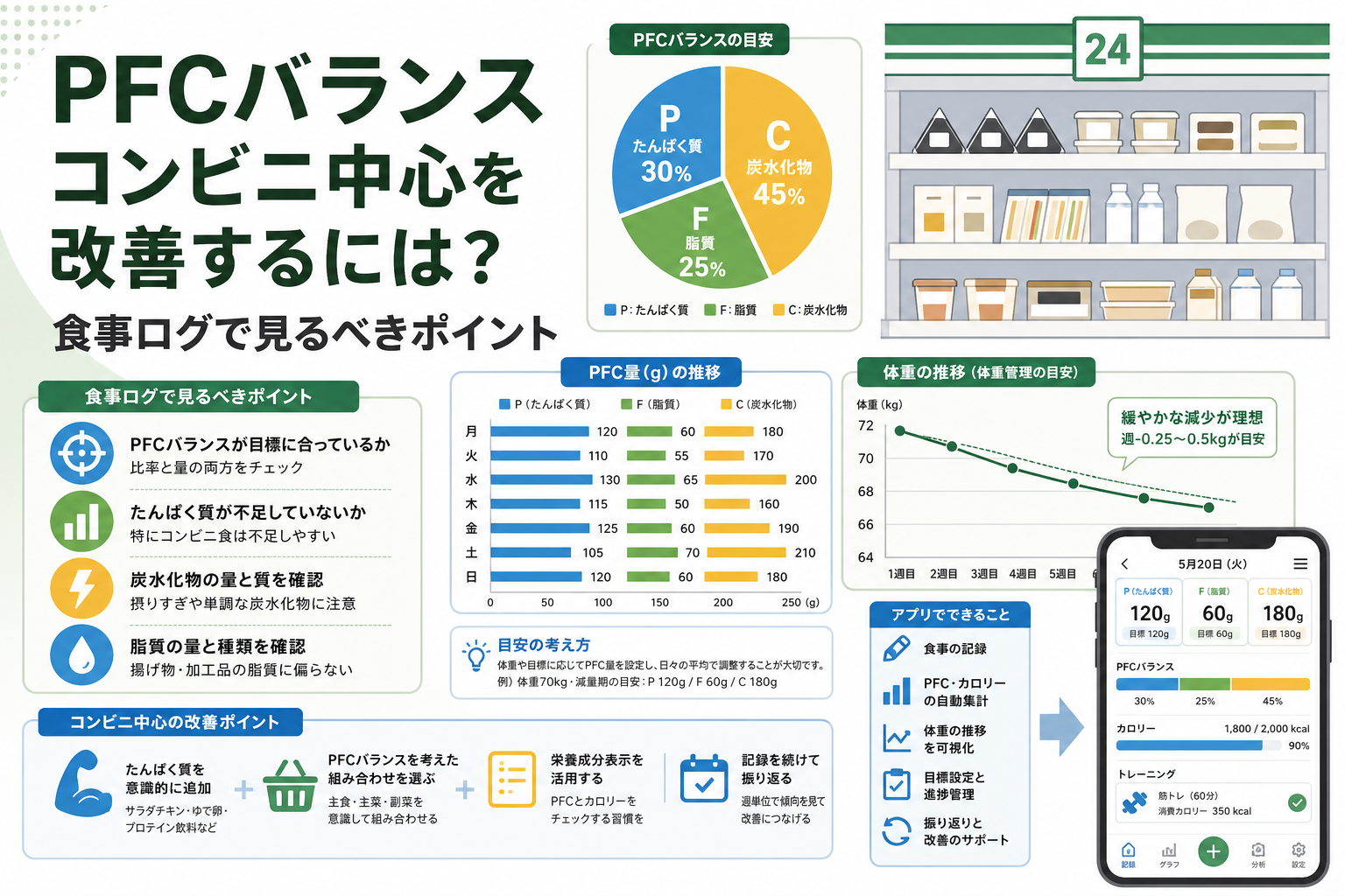PFCバランス コンビニ中心を改善するには?食事ログで見るべきポイント