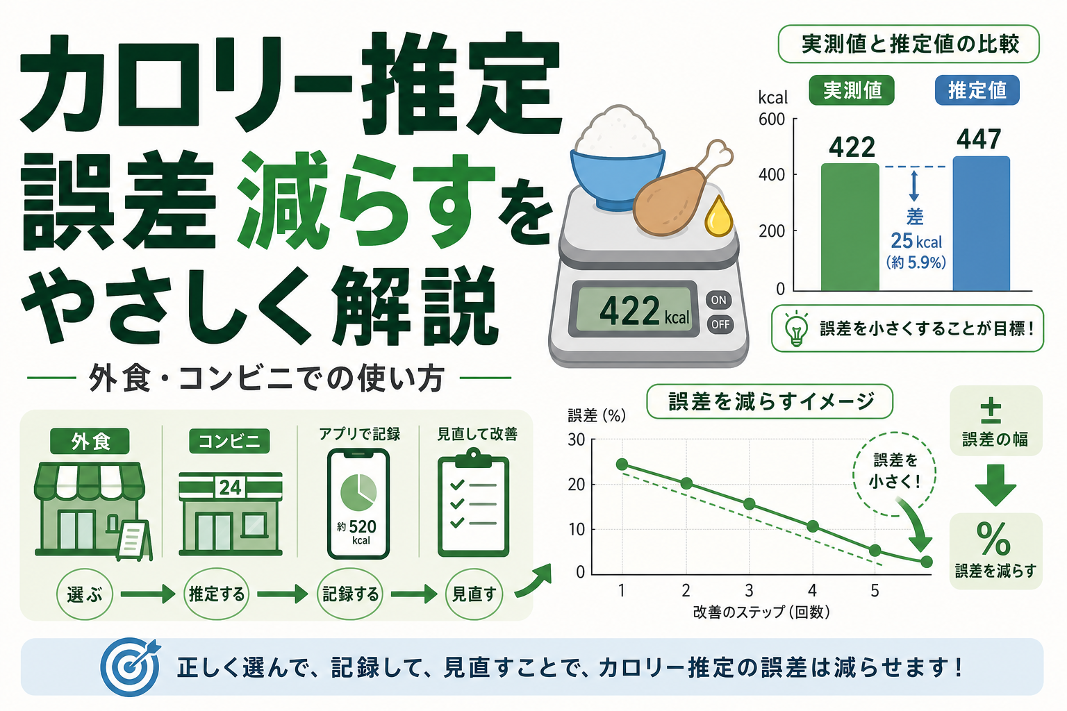 カロリー推定 誤差 減らすをやさしく解説｜外食・コンビニでの使い方