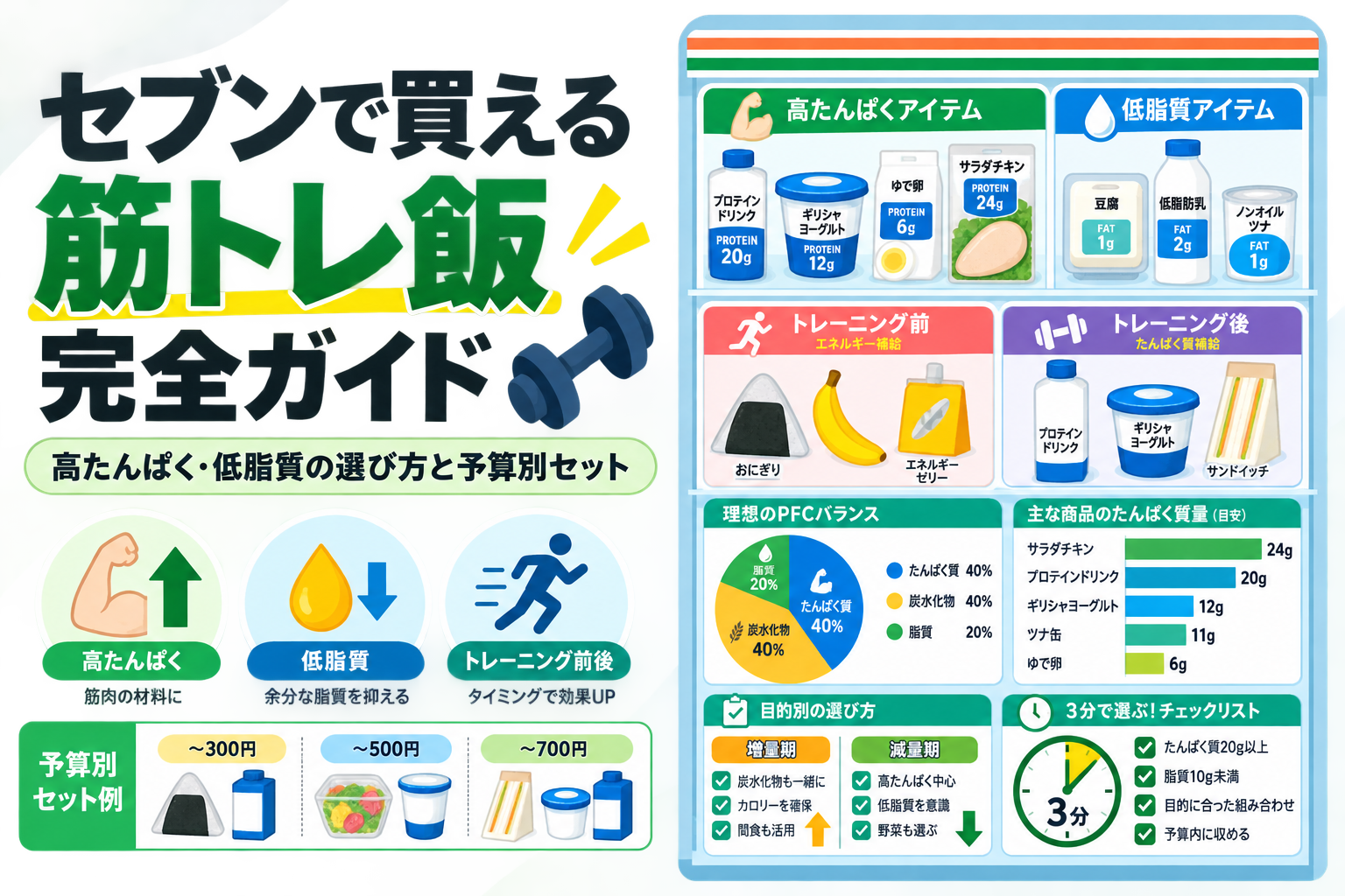 セブンで買える筋トレ飯完全ガイド|高たんぱく・低脂質の選び方と予算別セット