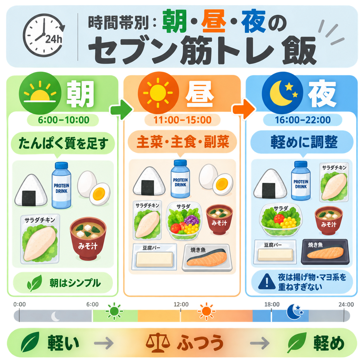 時間帯別:朝・昼・夜のセブン筋トレ飯