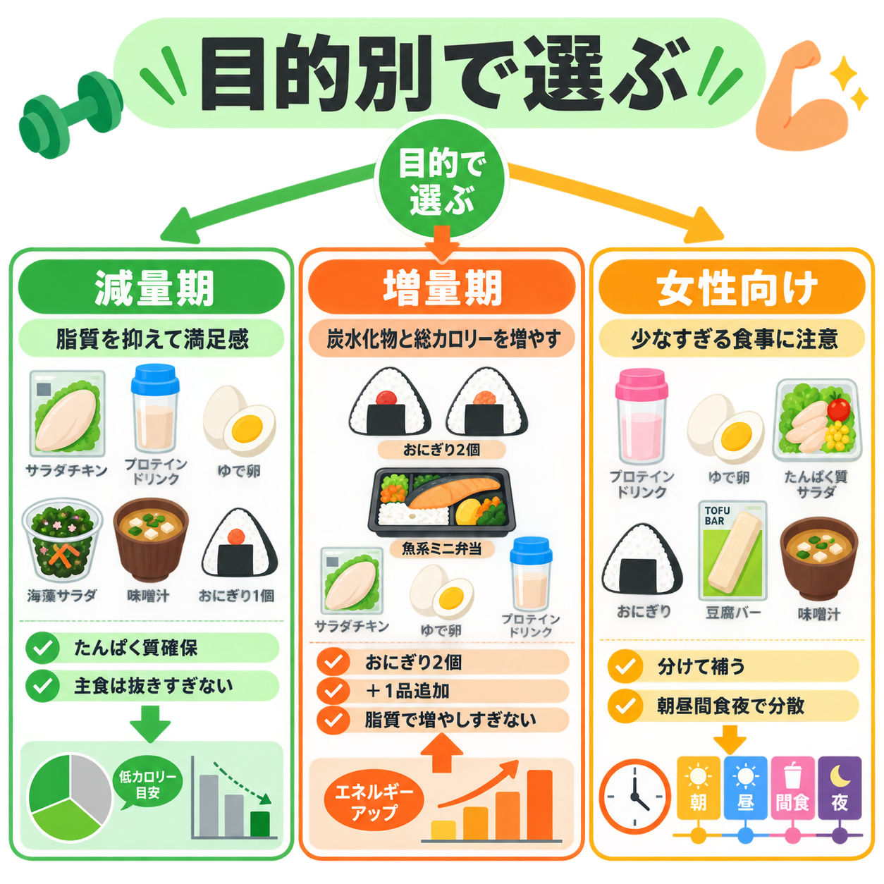 目的別:減量期・増量期・女性向けの選び方